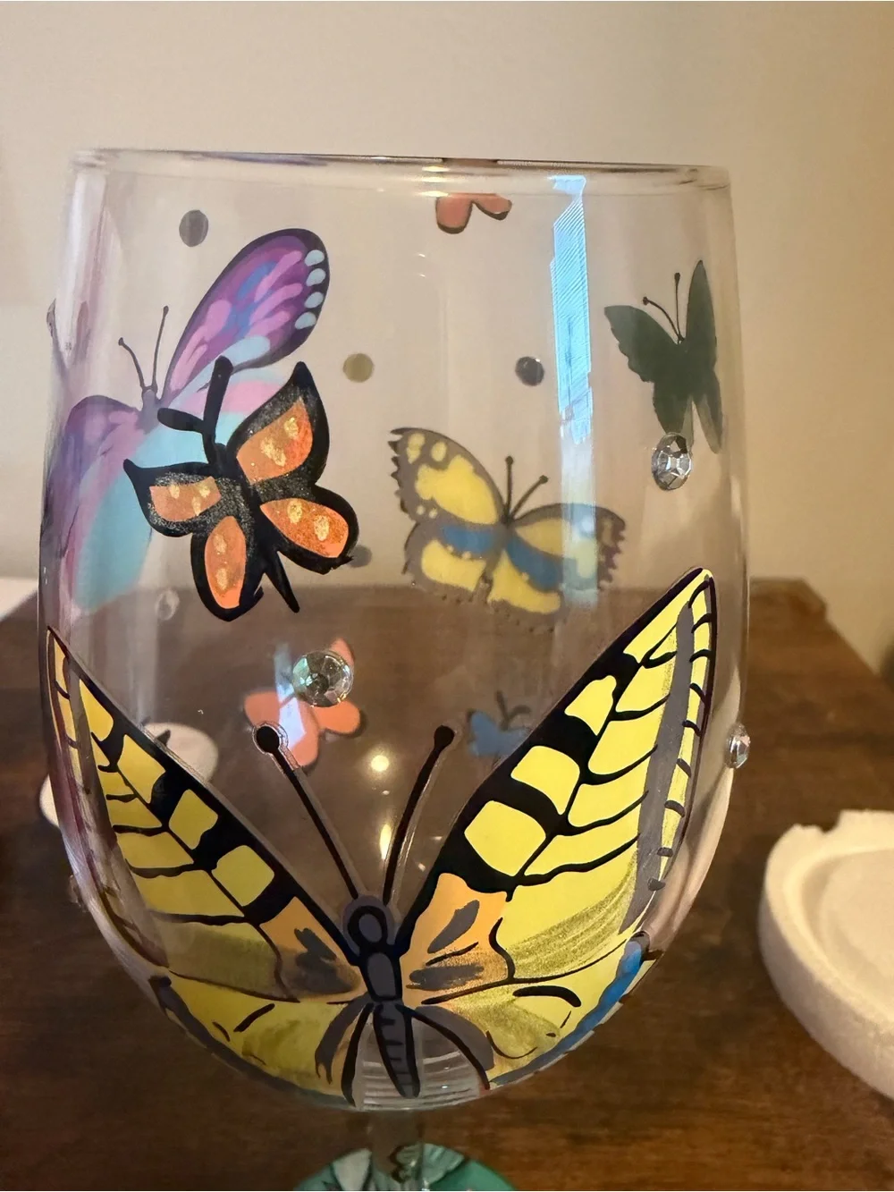 Lolita Hand-Painted Butterfly Wishes Wine Glass in Teal, Yellow, Pink